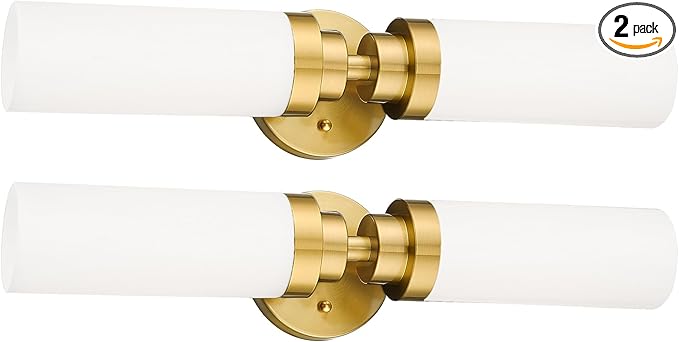 Emak 2 Pack Brushed Gold Bathroom Light Fixtures, 2 Light Bathroom Vanity Light with Milk Glass Shade, 22 Inch Modern Wall Sconce for Bath, Mirror, VL085-BGD-ML-2-PK
