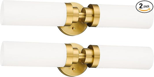 Emak 2 Pack Brushed Gold Bathroom Light Fixtures, 2 Light Bathroom Vanity Light with Milk Glass Shade, 22 Inch Modern Wall Sconce for Bath, Mirror, VL085-BGD-ML-2-PK