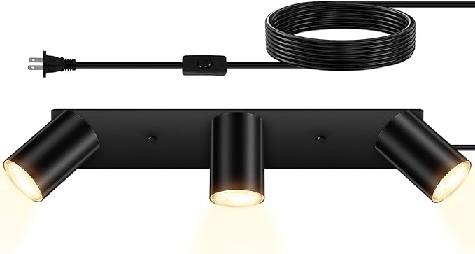 BoostArea LED Track Lighting Ceiling Fixtures, Black 3-Light Plug in Track Lights for Kitchen, 3 Way Ceiling Spotlight, 15 FT Cord,Flexibly Rotatable Wall Mount Light Head for Bedroom Hallway