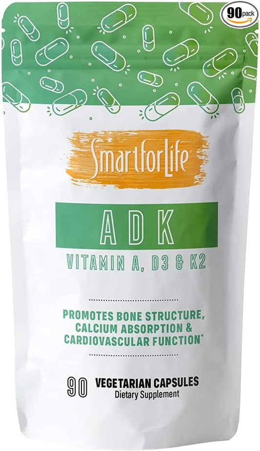 Complément de vitamines ADK Smart for Life - Vitamines ADK à haute puissance - Vitamine D3, Vitamine K2 et Vitamine A - Soutient la santé des os et du cœur - 5 000 UI Vitamine A - 5 000 UI Vitamine D3 - 500 mcg Vitamine K2