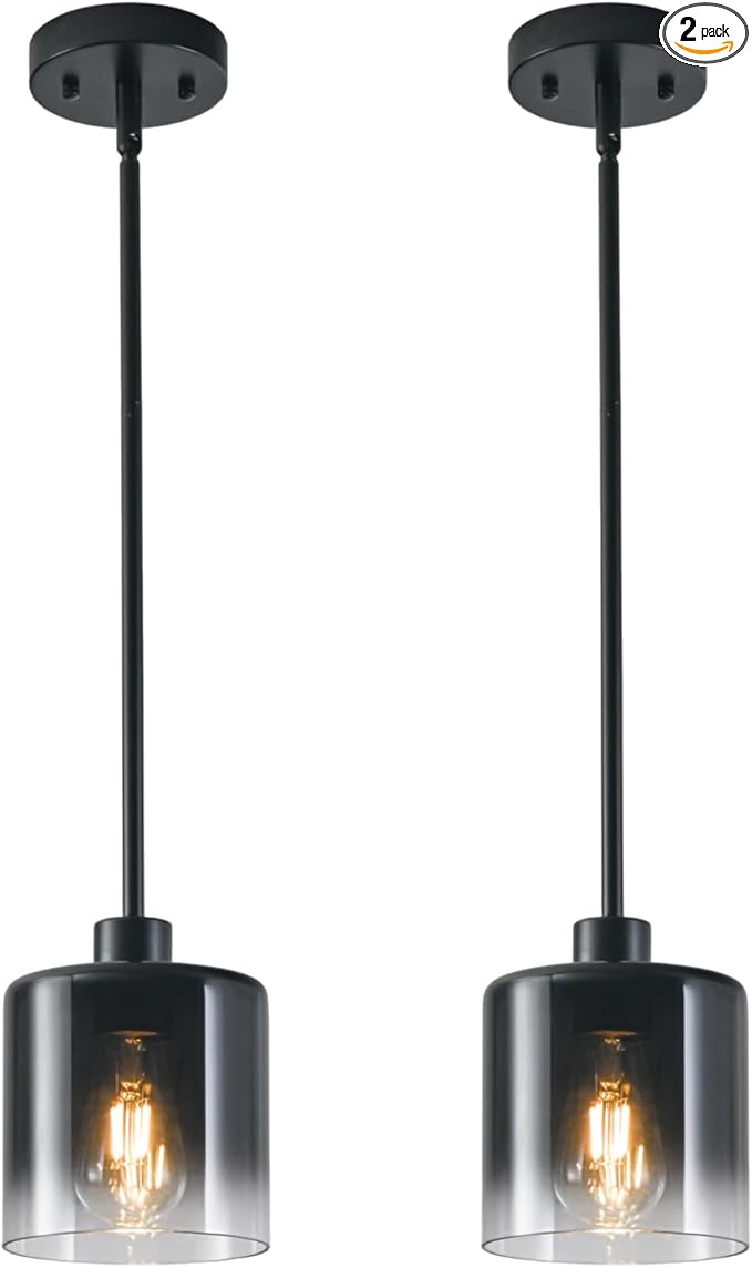 2-Pack Black Pendant Light Fixtures, Modern Pendant Lights for Kitchen Island with Adjustable Rods, Industrial Glass Pendant Lights for Dining Table Hallway Bedroom Living Room