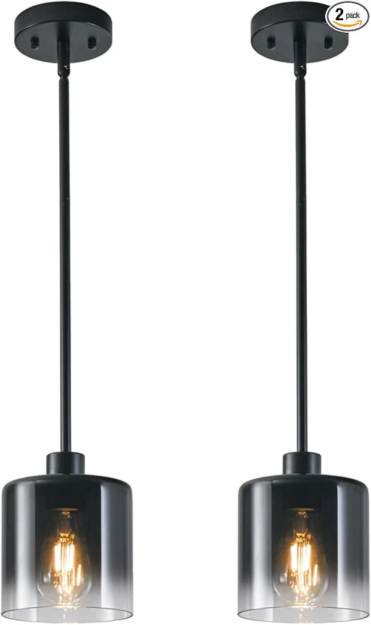 2-Pack Black Pendant Light Fixtures, Modern Pendant Lights for Kitchen Island with Adjustable Rods, Industrial Glass Pendant Lights for Dining Table Hallway Bedroom Living Room