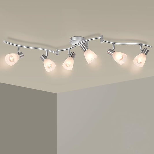 HiBay 6-Light Ceiling Light Fixture, Adjustable LED Track Lighting Kit, Modern Sliver Spotlight with Glass Shade for Kitchen Living Room Hallway, E12 Base (Bulbs Not Included)