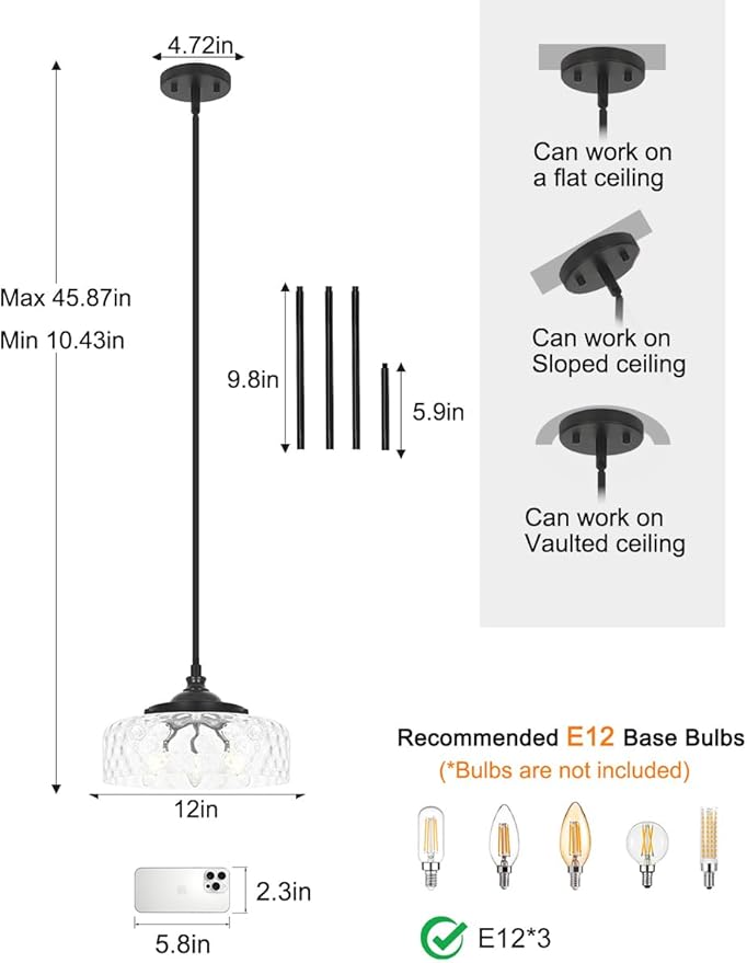 3-Light Adjustable Pendant Lights Kitchen Island, Black Pendant Light Fixture with 12" Clear Hammered Glass Shade, Modern Drop Light for Bathroom, Hallway, Convertible Ceiling Mount Or Hanging Fixture