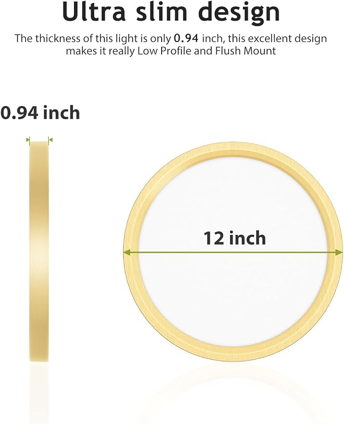 hepside 1PACK Flush Mount LED Ceiling Light Fixture Golden, 12Inch 28W, Dimmable 3000K-4500K-6000K Ceiling Lamp 3200LM Low Profile Ceiling Light for Kitchen Bedroom Hallway