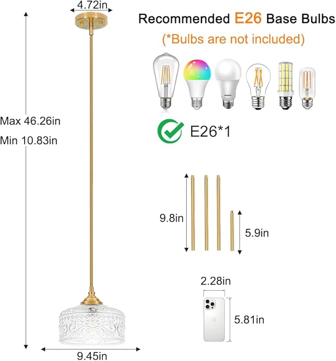 Gold Pendant Lights Kitchen Island, Vintage Bathroom Pendant Light With Clear Glass Shade, Adjustable Height Pendant Light - Dual Mount Ceiling & Hanging Fixtures With 90° Swivel For Home, E26 Bulb