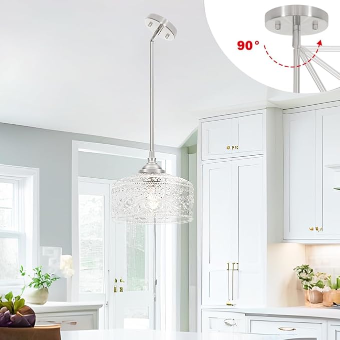 Modern Brushed Nickel Pendant Lights Kitchen Island, Bathroom Pendant Light with Clear Glass, Pendant Lighting over Island with Adjustable Rod, Farmhouse Hanging Light for Dining Room Hallway, E26