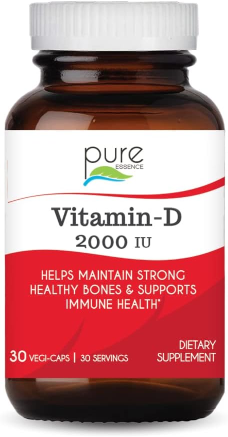 PURE ESSENCE LABS Vitamine D 2000 UI - Meilleur soutien immunitaire pour adultes - Vitamines biologiques et naturelles - Renforceur d'immunité et compléments alimentaires (30 gélules)