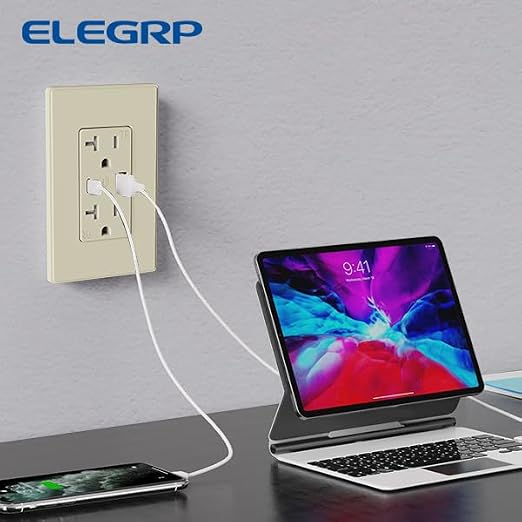 ELEGRP USB Charger Wall Outlet, USB Receptacle with USB A & USB C Ports, 15 Amp Duplex Tamper Resistant Receptacle Plug NEMA 5-15R, Wall Plate Included, UL Listed, 2 Pack, Matte Light Almond