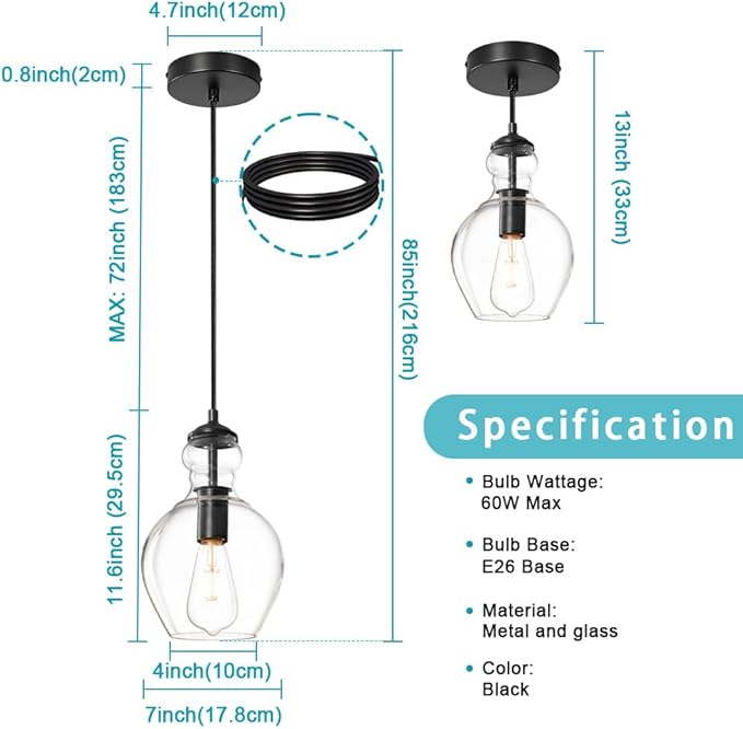 Modern Glass Pendant Lighting for Kitchen Island Kitchen Sink, Farmhouse Black Pendant Light Fixtures 7 Inch 1 Pack, Adjustable Hanging Ceiling Light Clear Glass Shades