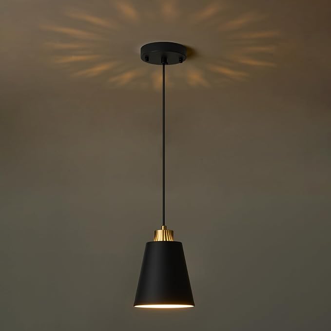 Matte Black Mini Pendant Light 7.87in Cone Kitchen Island Pendant Lighting with Gold Modern Hollow Shade Hanging Light Fixture for Kitchen Dining Room Bar 63" Adjustable Cord, 1 PCS
