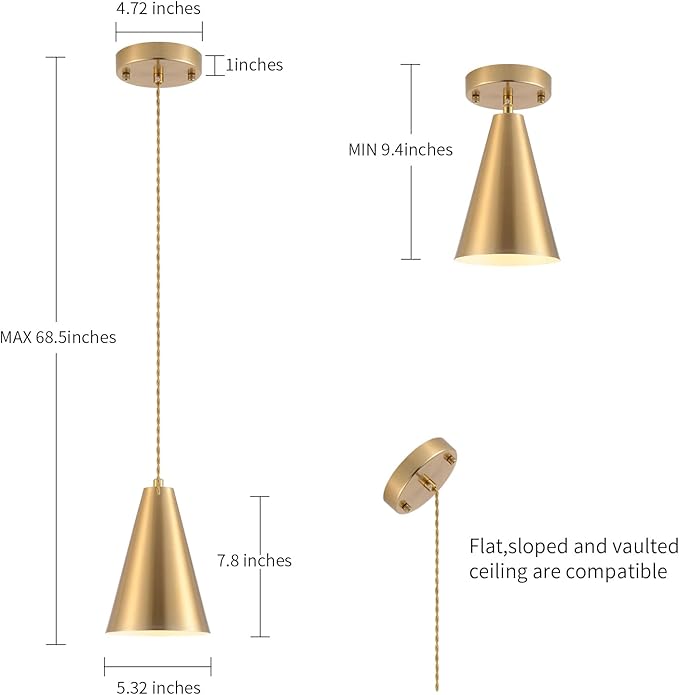 Gold Pendant Lights Kitchen Island,Dining Room Light Fixtures Over Table 3 Pack with Brushed Brass Cone Metal Shade, Modern Farmhouse Mini Chandeliers,Adjustable Cord Hanging Lighting for Bar,Sink