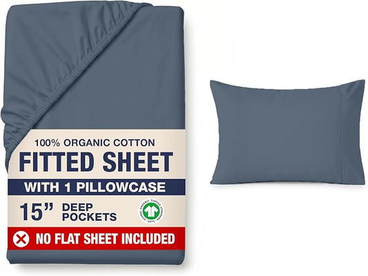 LANE LINEN 100% Organic Cotton Twin Fitted Sheet, 2-Piece Set (1 Fitted Sheet, 1 Pillowcase), Percale Weave, Lightweight, Soft, Breathable, Fits Mattress Upto 15' Deep - Estate Blue (No Flat Sheet)