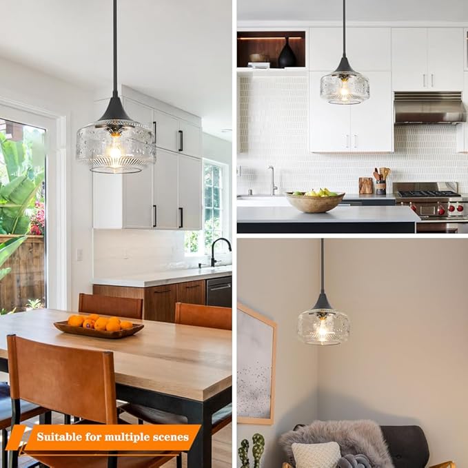 Black Pendant Lights Kitchen Island, Pendant Light with Large Thickened Glass Lampshade, Vintage Pendant Light Hanging Light Fixture for Dining Room Hallway Bedroom, E26 Base & Adjustable Cable