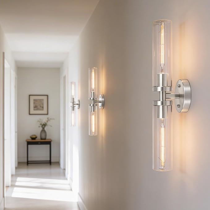 Wall Sconces 2-Pack, Hardwired Bathroom Light Fixtures, Modern Farmhouse Vanity Wall Lighting with Clear Glass Shades, E26 Base Wall Sconce Wall Lights for Bathroom Wall Decor, Brushed Nickel