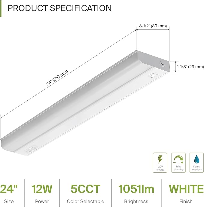 ASD LED Under Cabinet Lighting Hardwired, 24 Inch 12W 2700K-5000K Selectable, 1051LM, CRI90+, Direct Wire Linkable Under Counter Lights for Kitchen, Dimmable Under Cabinet Lights, White, UL, 12 Pack