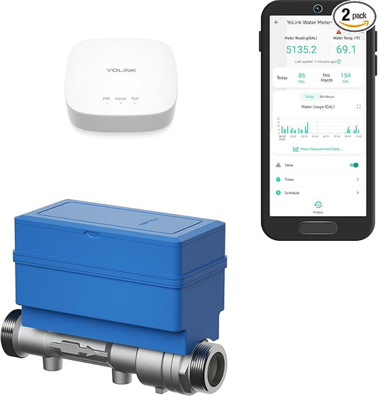 NSF Certified YoLink FlowSmart All-in-One Smart Water Meter & Auto Shutoff for 2" Pipes, LoRa Long-Range, Real-Time Leak Detection, 10-Year Battery, 80+ Device Ecosystem, Hub Included - YS5018