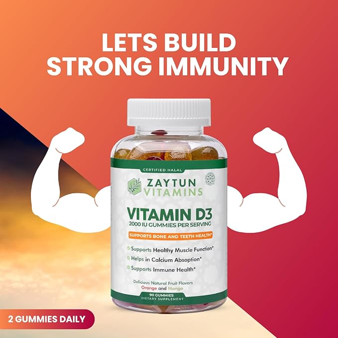 Zaytun Halal Vitamin D3 2000 IU Gummies, Supports Bone & Immune Health, Promotes Muscle Function, Gluten & Gelatin Free, 90 Natural Fruit Flavor Gummies, Made in USA - Halal Vitamins