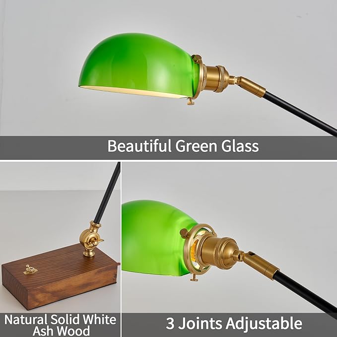 Bankers Lamp, Adjustable Traditional Green Desk Lamp with Solid Ash Wood Base, Green Glass Antique Library Lamp with Power Cord Switch, Plug in Vintage Bankers Table Lamp for Office 【E26 Socket】