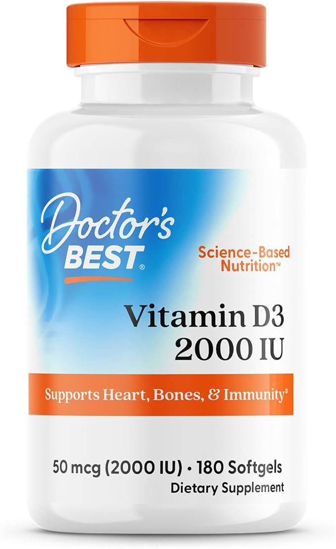 Doctor's Best Vitamine D3 2000 UI Gélules pour Hommes et Femmes - Complément de Vitamine D pour le Soutien du Système Immunitaire et la Santé Cardiaque, 50 mcg par Portion, Vit D3, Sans OGM, Sans Gluten, Sans Soja - 180 Gélules