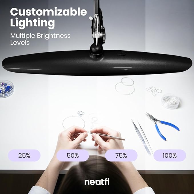 Neatfi XL 2200 Lumens 24W LED Desk Lamp - 4-Level Dimmable Task Light | Home Office, Crafts & Workbench | 20-Inch Wide Head (Black, Non-CCT with Base)