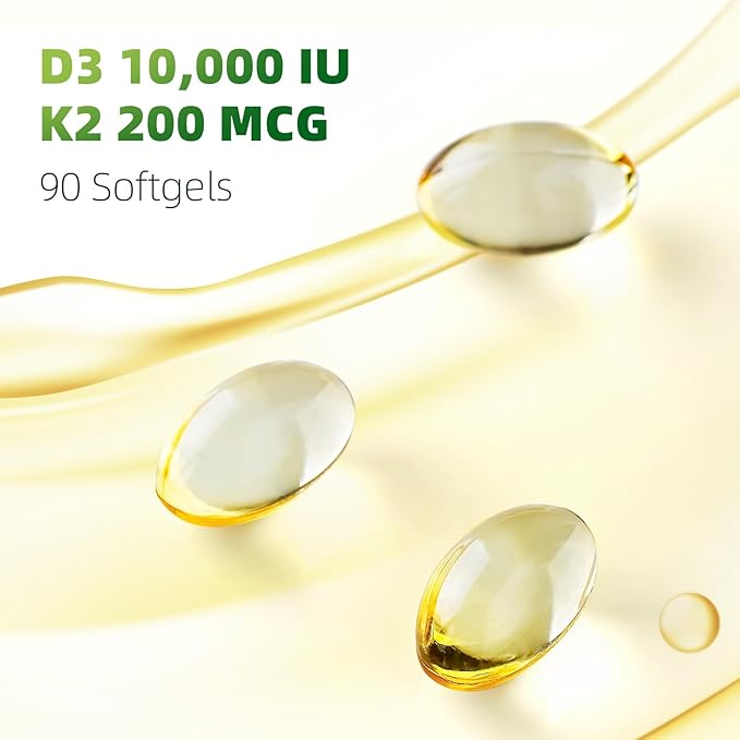 Gélules de Vitamine D3 K2, D3 10000 UI avec K2 (MK-7) 200 mcg avec Huile de Coco, Gélules faciles à avaler 2 en 1 Vitamines D & K, Soutient l'absorption du Calcium, la santé Immunitaire et Cardiaque - 90 Comprimés