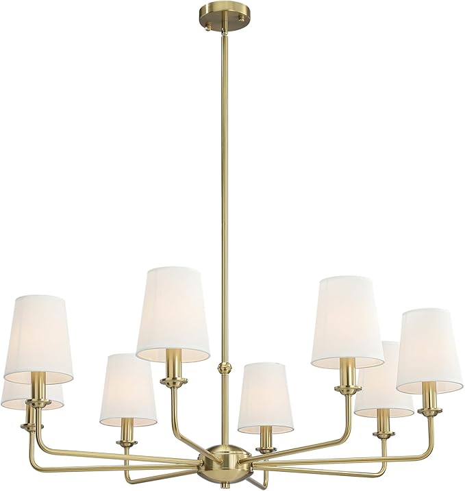 40.5'' 8-Light Brushed Gold Chandelier, E12 Base, White Fabric Shade - Farmhouse & Industrial Style Pendant Light for Dining Room Living Room Bedroom Kitchen
