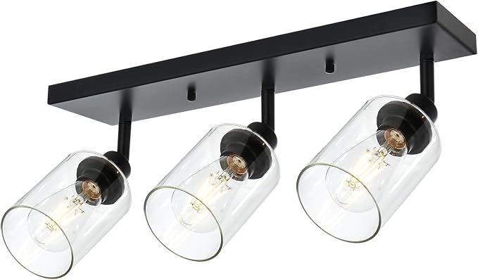 3 Light Metal Bathroom Lighting in Black Finish Interior Wall Mounted Lights Multi-Directional Rotating Metal Ceiling Mount Fixture with Clear Glass Industrial Spotlight for Kitchen Foyer