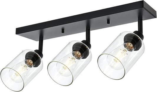 3 Light Metal Bathroom Lighting in Black Finish Interior Wall Mounted Lights Multi-Directional Rotating Metal Ceiling Mount Fixture with Clear Glass Industrial Spotlight for Kitchen Foyer