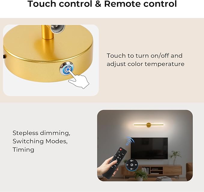 GvvooHome Battery Operated Wall Sconces Set of 2, 10000mAh Wireless Rechargeable Wall Lights Dimmable Detachable Wall Lamp with Remote Control, 3000K-6500K Dimmable Wall Sconce 28.3 Inch Gold