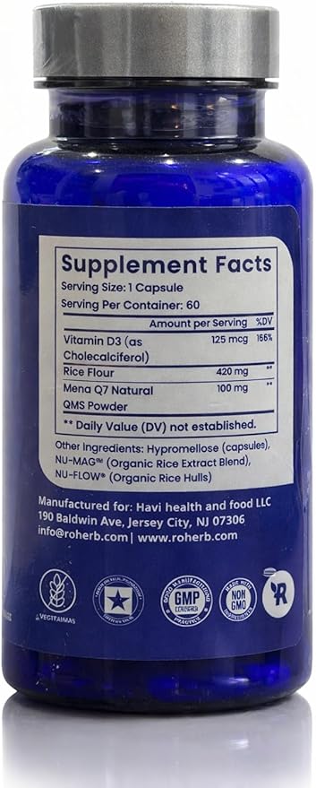 Vitamin D3 & K2 Capsules, 2500 IU Vitamin D3 with 100 mcg Vitamin K2 (MK-7),Halal, 60 Capsules