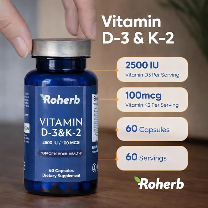Vitamin D3 & K2 Capsules, 2500 IU Vitamin D3 with 100 mcg Vitamin K2 (MK-7),Halal, 60 Capsules