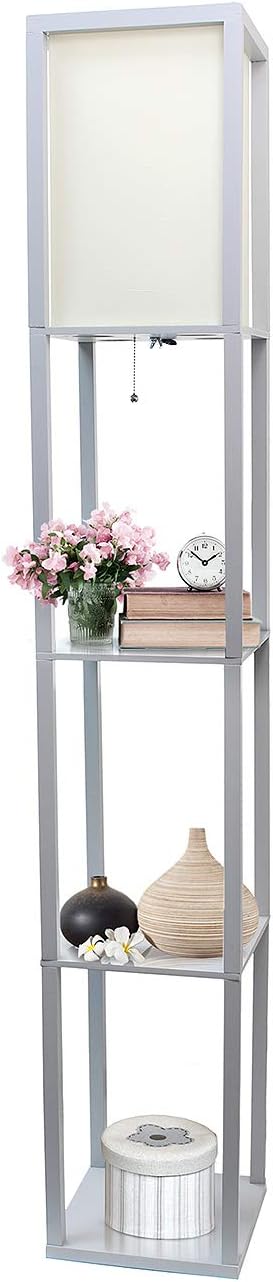 Simple Designs LF1014-GRY Etagere Organizer Storage Shelf Linen Shade Floor Lamp, Gray