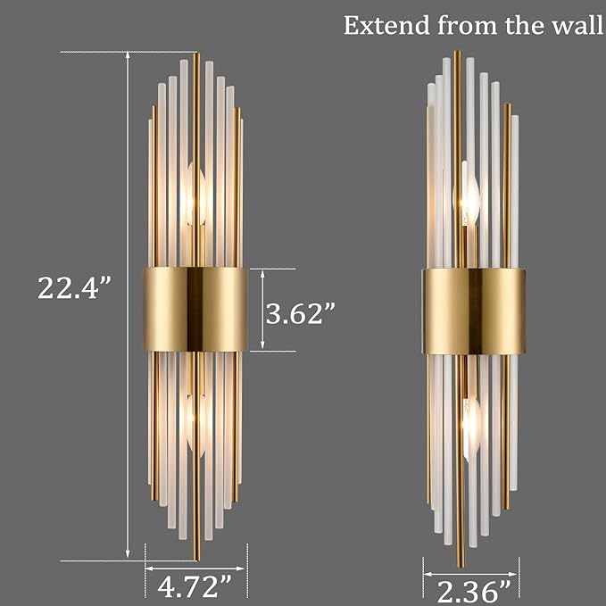2-Light Modern Crystal Wall Sconces Titanium Gold Vanity Wall Light with Frosted Glass Luxury Set of 2 Wall Light Fixtures for Bedroom Living Room Dining Room Vanity Mirror Light