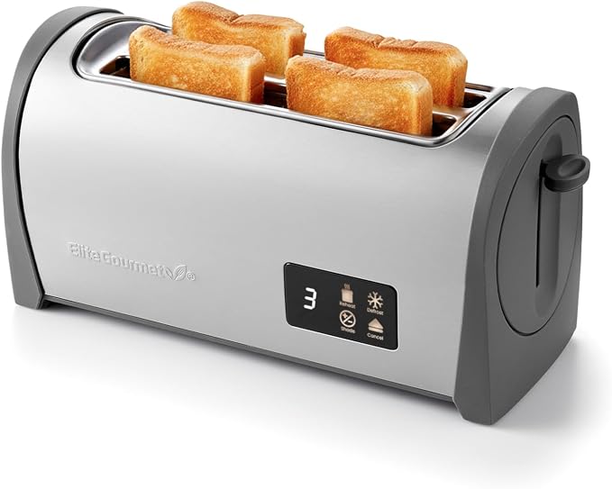Elite Gourmet Digital Long Slot 4-Slice Toaster – Touch Screen LED Display, Extra Wide 1.5” Slots for Artisan & Bagel Bread, 6 Browning Levels, Defrost & Reheat, Stainless Steel Modern Design
