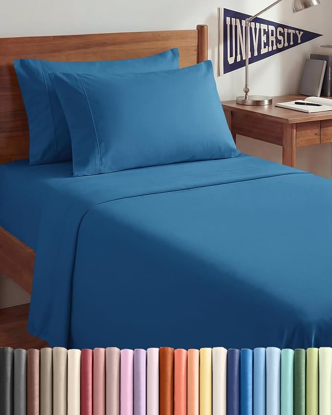 Twin XL 4 Piece Sheet Set - Comfy Breathable & Cooling - Ultra Soft Hotel Luxury Bedding Set w/ 8-16 Inch Deep Pockets - 1 Flat & 1 Fitted Sheet & 2 Pillowcases - Wrinkle Free & Easy Care - Denim Blue