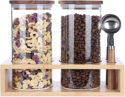 KKC Airtight Coffee Canister and Sugar Container Set with 2 Wooden Handle 1 TBSP Spoons - 2 Pack 39 oz Large Glass Storage Jars with Bamboo Rack, Elegant Countertop Coffee Station Organizer Bar Accs