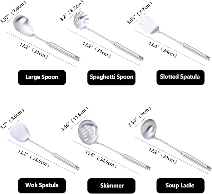 Stainless Steel Kitchen Utensils Set, 6 Pcs Professional All Metal Cooking Utensils Set 12-13.6 Inch, Wok Spatula, Ladle, Skimmer, Slotted Spatula Turner, Spaghetti Spoon, Large Spoon