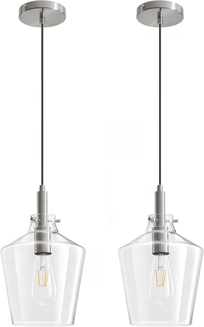 Modern Glass Pendant Light for Kitchen Island 2 Pack, Farmhouse Nickel Pendant Light Fixtures, Adjustable Hanging Ceiling Light Angled Clear Glass Shades 8 Inch