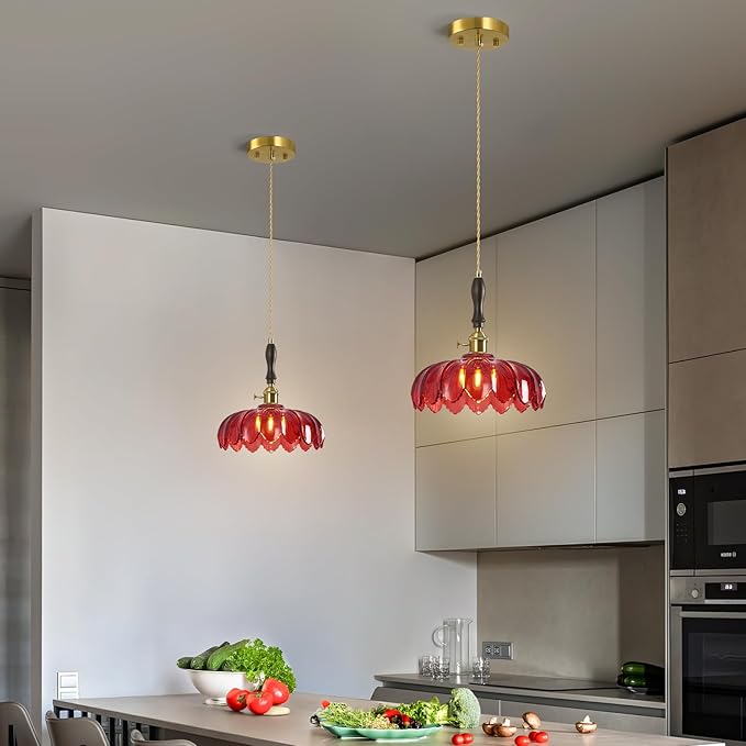 Modern Red Glass Pendant Light Retro Flower Glass Hanging Lamp Gold Brass Decorative Adjustable Ceiling Hanging Light Suitable for Kitchen Island Bedroom Dining Room Living Room