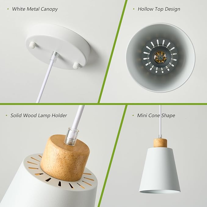Mini Pendant Light Fixtures White Wood Pendant Lighting for Kitchen Island 7.87in Cone Modern Ceiling Hanging Lights Hollow Shade Nordic Island Light for Counter, Bar, Hallway