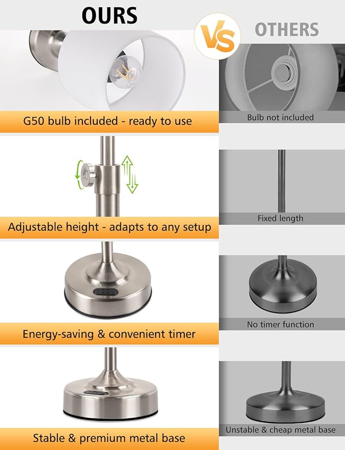 Height Adjustable Cordless Table Lamp with 2H/4H/6H Timer, Rechargeable Battery Operated Lamp Dimmable, Portable Battery Lamp for Camping Restaurant, Brushed Nickel LED Wireless Lamps, Bulb Included