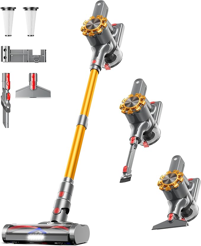 CHEBIO Cordless Vacuum Cleaner, 550W/45Kpa Vacuum Cleaners for Home with LED Display, Anti-Tangle&Wall Mount, 65Mins Wireless Vacuum, 8 in 1 Lightweight Stick Vacuum for Hard Floor/Carpet/Hair (Gold)