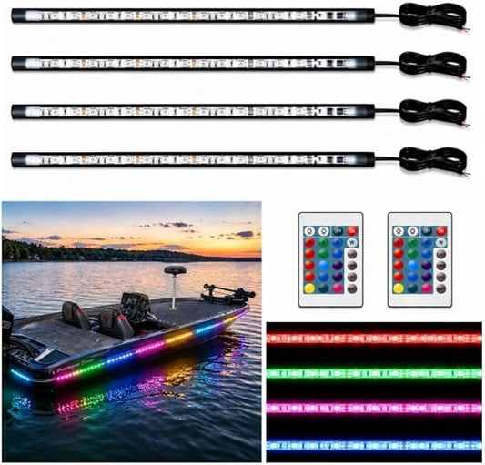 Boat Marine Led Strip Lights RGB, 12V 4 Pcs 20'' Waterproof Boat Interior Light, Built-in Controller, Night Fishing Light, Super Bright Boat Deck Courtesy Lighting for Pontoon Bass Boats Kayak