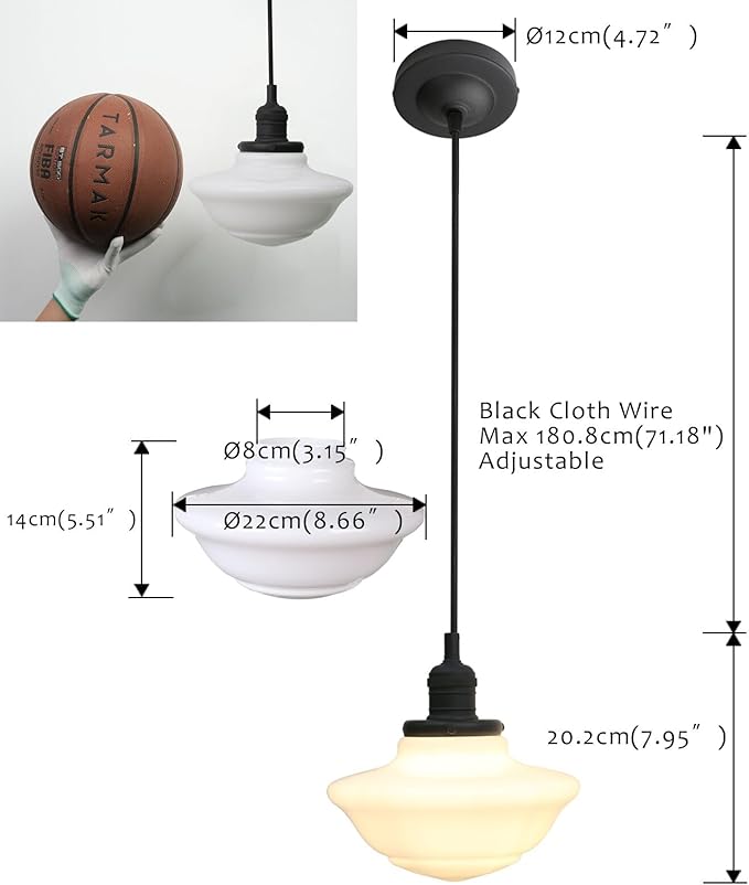 Pathson Modern Pendant Light with Milk White Glass, Vintage Ceiling Pendant Lighting Adjustable Textile Cord, Frosted Ceiling Fixture Lamp for Living Room Bedroom Kitchen Dining Room