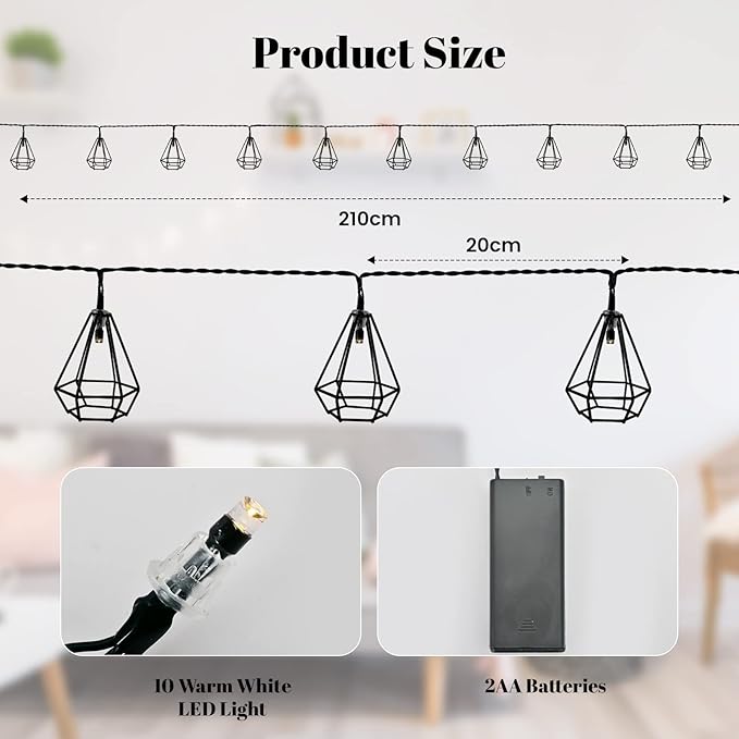 Diamond String Lights 10 LED 6.8 ft Battery Operated, Geometric String Lights Warm White, Black Metal Lamps Decor for Indoor Wedding Party Bedroom Christmas