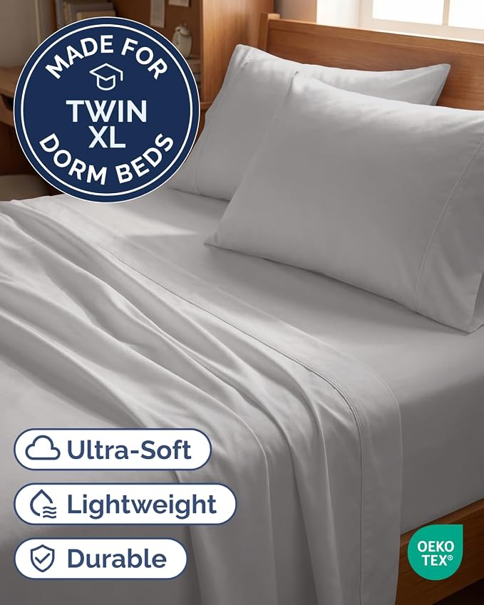 Twin XL 4 Piece Sheet Set - Comfy Breathable & Cooling - Soft Hotel Luxury Bedding Set with 8-16 Inch Deep Pockets - 1 Flat & 1 Fitted Sheet & 2 Pillowcases - Wrinkle Free & Easy Care - French Grey