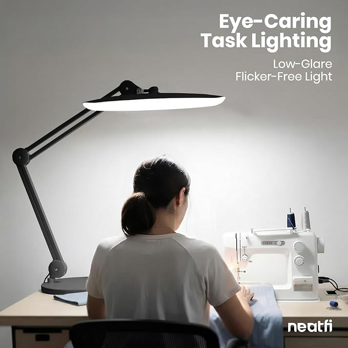 Neatfi XL 2200 Lumens 24W LED Desk Lamp - 4-Level Dimmable Task Light | Home Office, Crafts & Workbench | 20-Inch Wide Head (Black, Non-CCT with Base)