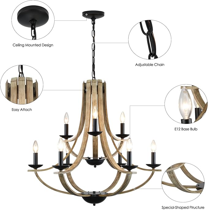 LAMPKEDUO Farmhouse Chandeliers for Dining Room Light Fixture, 9-Light 31" Adjustable Height Retro Faux Wood Texture Rustic Light Fixtures for Living Room Bedroom Kitchen Island Foyer Entryway