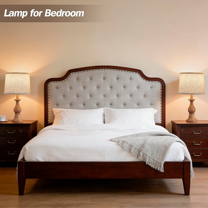Vintage Table Lamp for Living Room Bedroom, 18.5" Farmhouse Bedside Lamps Nightstand Lamp Set of 2, Table Lamps with Oatmeal Linen Lamp Shades, 2 LED Bulbs Included, Wood Grain